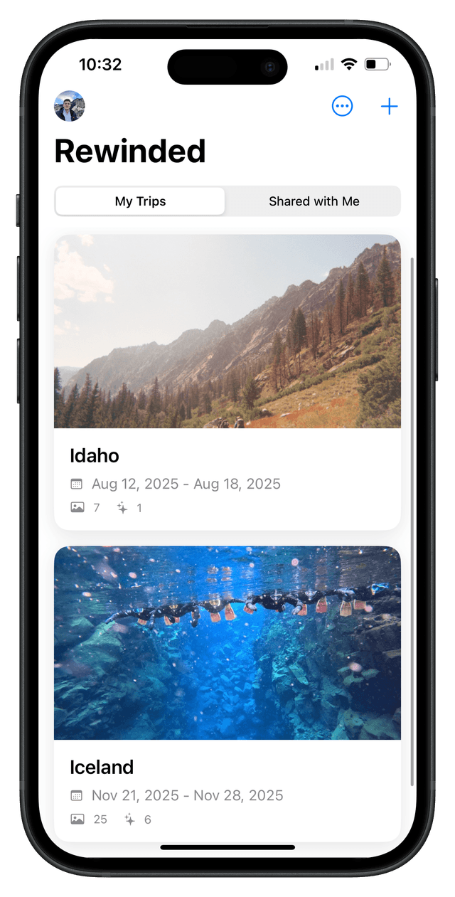 Rewinded app main screen